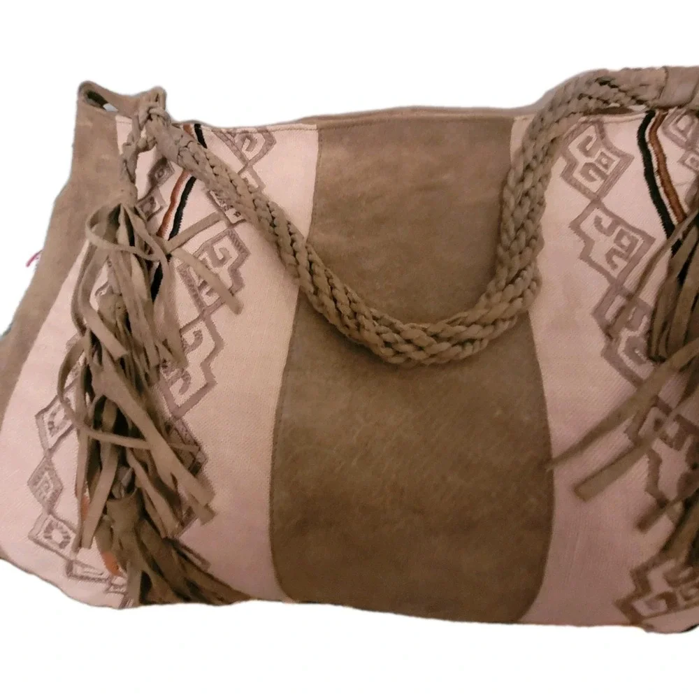 Vintage Free People Oversized‎ Light My Fire Fringe/Beaded Suede Boho Bag**ink**
